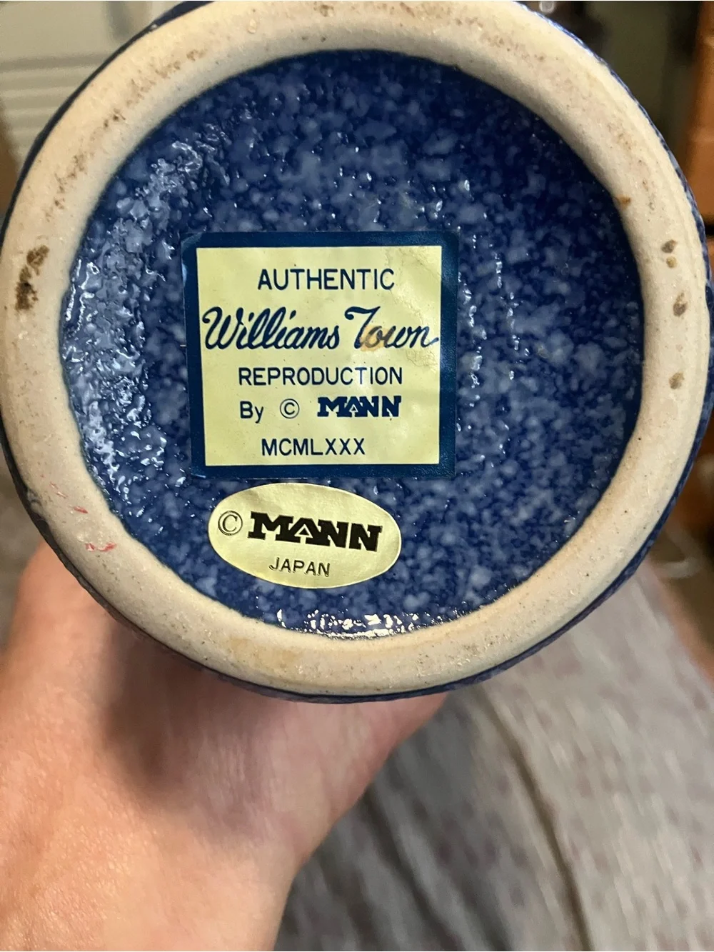 Williamsburg Virginia 18th Century Reproduction of Mottled Blue Pottery Bottle